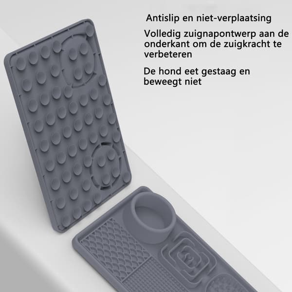 Rektangulär silikonmatta för långsam utfodring för husdjur - 3-i-1 fördröjd matare + slickmatta + vattenskål - Anti-hetsätning - Grå