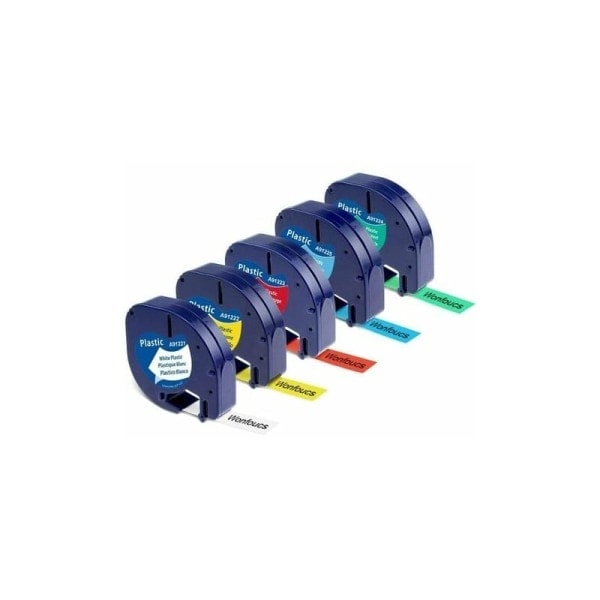 Mærkebånd kompatibelt med Dymo LetraTag, 12mm x 4m, 5-pak, sort på hvid/rød/gul/blå/grøn
