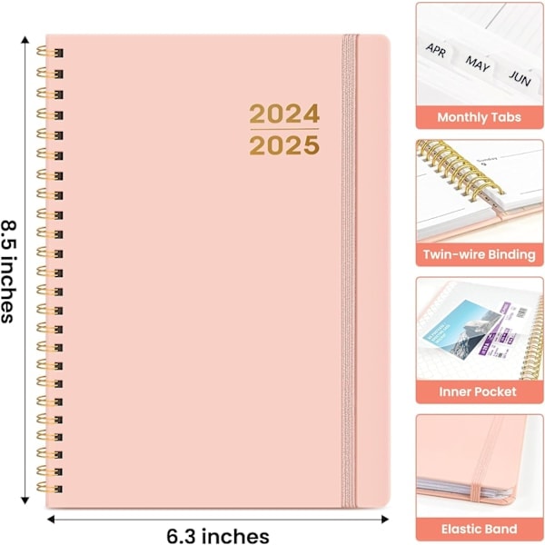 Akademisk Planlegger 2024-2025 - Månedlig og Ukentlig Kalender, A5, Juli 2024-Juni 2025, Perfekt for Kontorrekvisita, Rosa