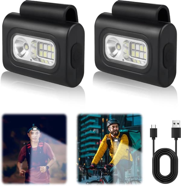 ING 2 stk. LED-klipplykt, oppladbar, liten hodelykt, brystlys, mini-hodelykt, nattlys, USB-løpelys for løping, jogging, camping