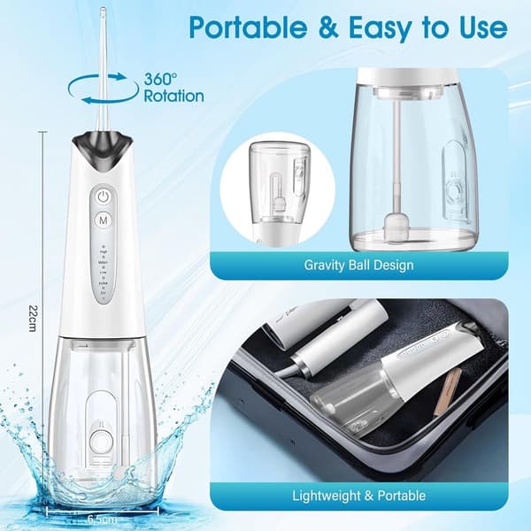 Bærbar trådløs vandflosser, 5 tilstande, 300 ml, 4 dyser, IPX7, USB-C, sort.