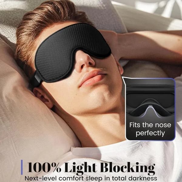 3D memory foam sovemaske, fuldstændig lysblokerende og trykfri, velegnet til sidesovende, sort.