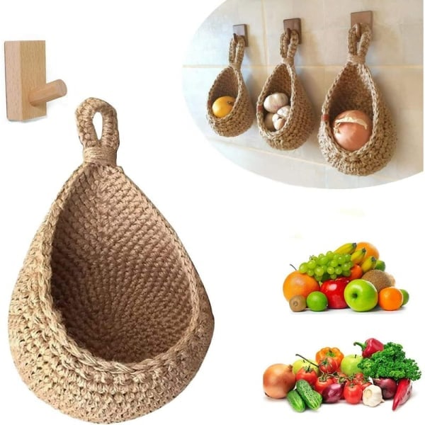 Väggmonterad frukt- och grönsaks korg, handvävd jute hängande förvaring, droppformad design