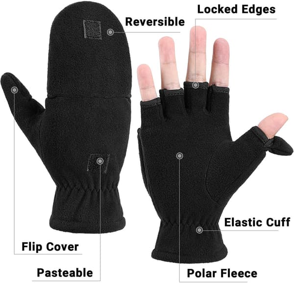 Dobbeltsidede fingerløse touchscreen termohandsker (1 par), størrelse S, håndbredde 7-8 cm, fleece, sort.