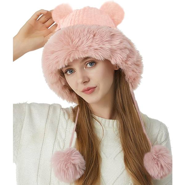 Naisten talvimyssy kaksoispomsupomponilla, söpö venäläinen myssy, keinotekoinen turkis, trendikäs ulkoilulle, hiihtämiseen, vaaleanpunainen Rosa a