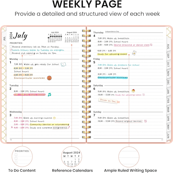Akademisk Planlægger 2024-2025 - Månedlig og Ugentlig Kalender, A5, Juli 2024-Juni 2025, Perfekt til Kontorforsyninger, Pink