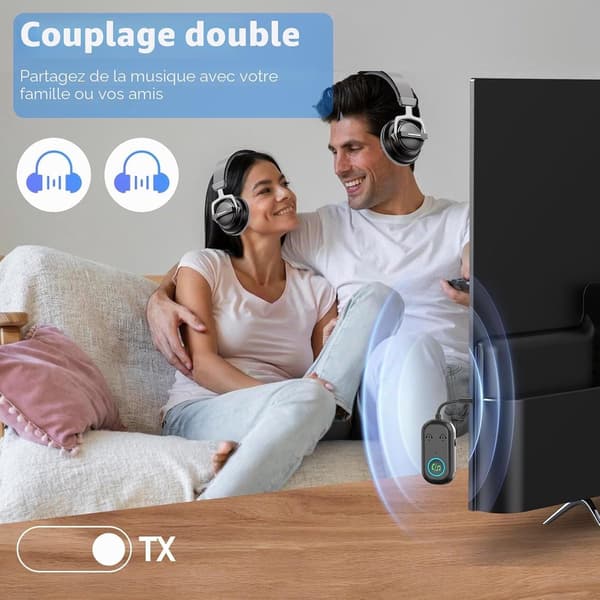 Bluetooth 5.3 transceiver-adapter, 3,5 mm AUX, understøtter dobbelte hovedtelefoner, TV og billydsystemer.