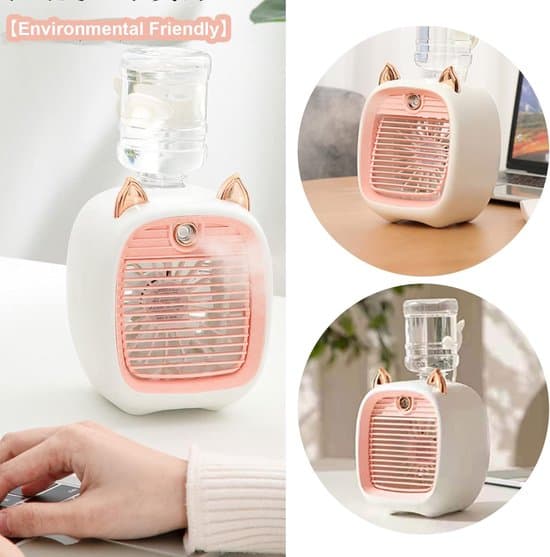 ING 3-i-1 Mini Luftkjøler Vifte – Luftkjøler med Atomizer og Nattlys, 3 Hastigheter – Luftfukter og LED-lys – Rosa