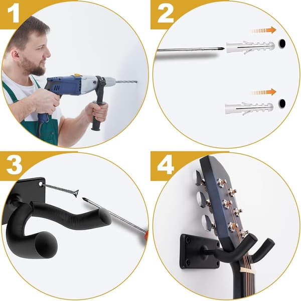 Gitarrväggfäste, Gitarrkrok, Lämplig för olika gitarrer, basgitarr, mandolin, banjo och andra instrument (2 stycken, svart)
