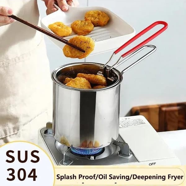 Fritøse i rustfritt stål med frityrkurvklemmer, for steking av mat, sølv.