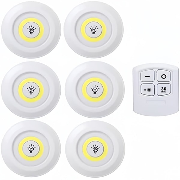 6 stk. Smarte Trådløse LED Downlights Natlys med Fjernbetjening til Skab, Køkken og Mere (Hvidt Lys) [DB]