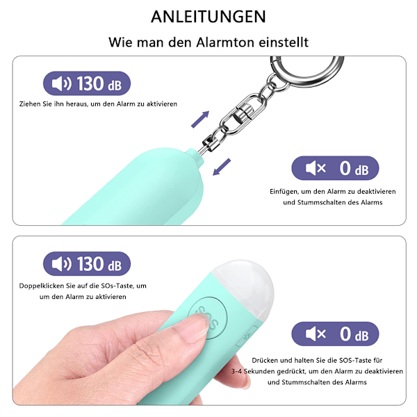 Fickalarm, Personligt Alarm med Strobe LED-Blixtsignal, 130dB Siren Hög Larm, USB Laddningsbar Alarmnyckelring, Hög Larm för Kvinnor