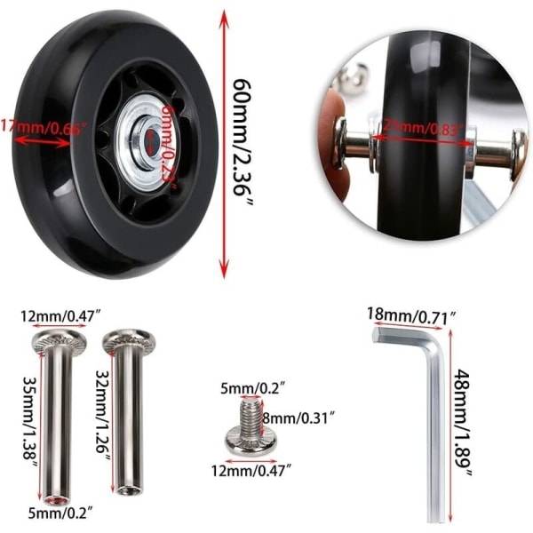 2 erstatningshjul for koffert, lagre, reparasjon for koffert 60×18mm, svart