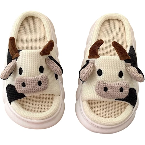 Cute Frog Slippers for Women - Thick Sole Cartoon Sliders, Winter Animal Home Slippers, White Cow, UK 5/5.5