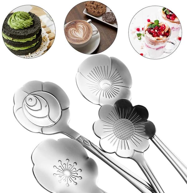 Teske-sæt i rustfrit stål med blomstermønster (8 dele), til omrøring af kaffe, desserter og is, sølv.