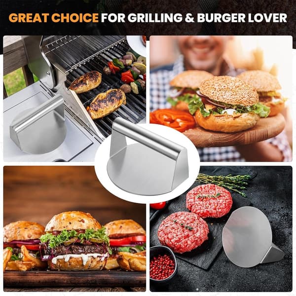 Manuel hamburgerpresse i rustfrit stål, non-stick til presning af kødfyld og bacon.
