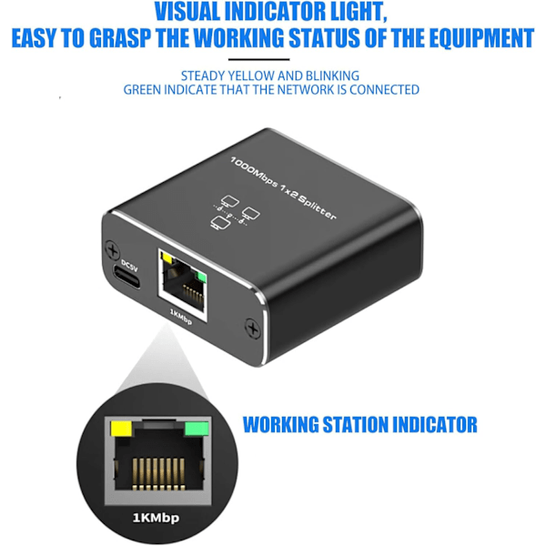 RJ45 1-til-2 Gigabit Netværksswitch, 2-Port LAN Hub, 100/1000Mbps Netværkssplitter til Computer, Router