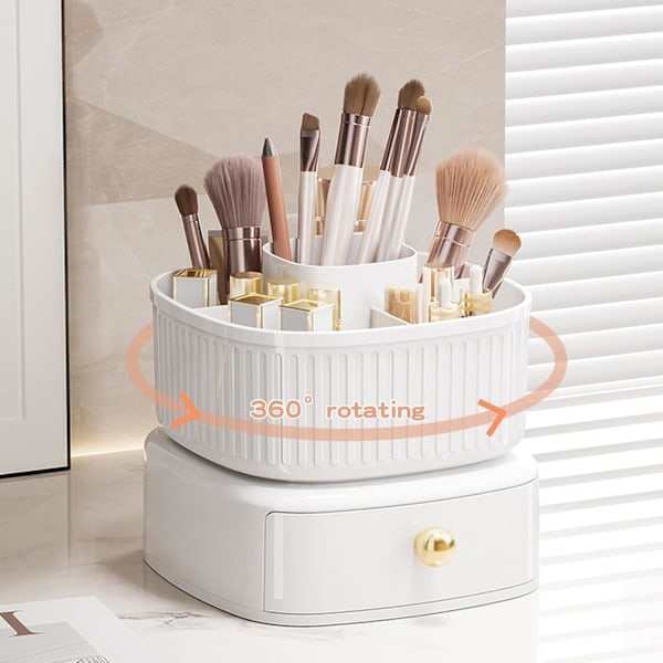 Cosmetic shelf, 360° rotating brush organizer with drawer