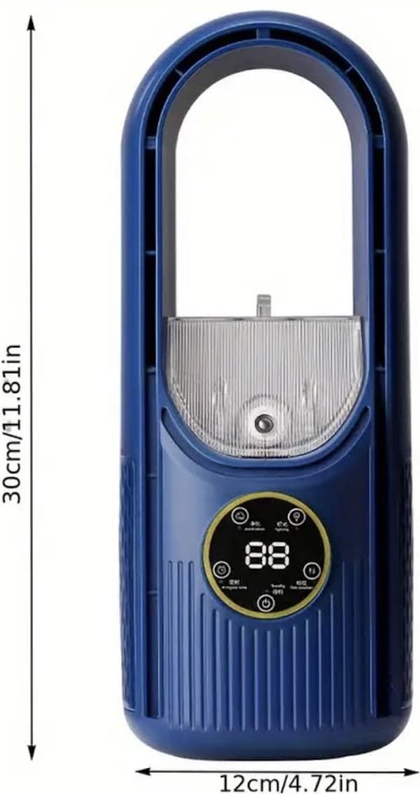 4-i-1 mini luftkylare, vattenkyld, kyla, befuktning och med stämningsbelysning; 3 fläkthastigheter; USB-driven; blå.
