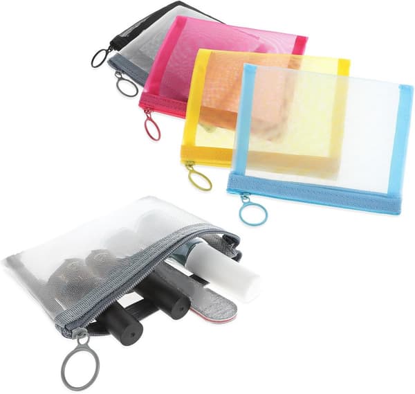 Mini mesh makeup organizer taskesæt, 5 dele, 14 x 10 cm, med lynlås, velegnet til rejser.