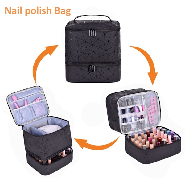 Neglelak Organizer Taske, Dobbelt Lag Neglelak Opbevaring og Negletørrer Taske, Rummer 30 Flasker (15 ml) (Sort)