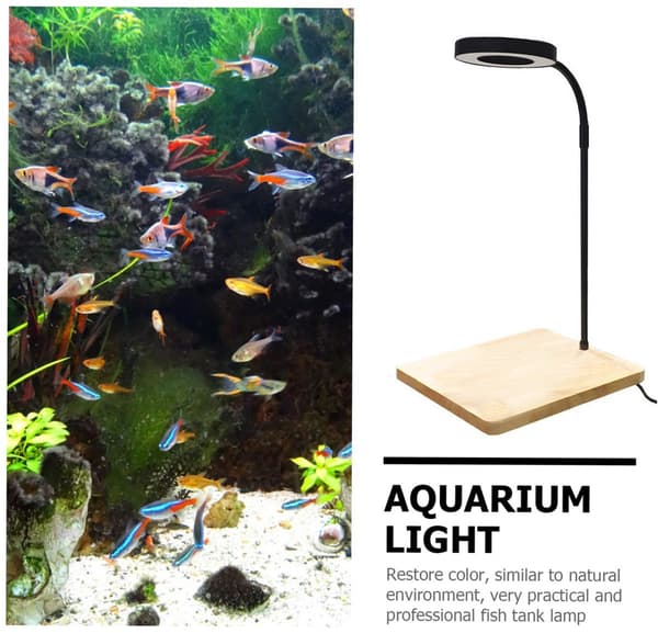 LED akvarieplantelys, trefarget belysning, eikebase, egnet for akvarier og potteplanter, tilgjengelig i tre- og svartfarger.