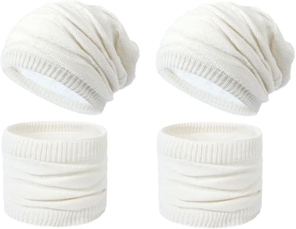 Todelt strikket lue- og skjerfsett, tykkere for varme og elastisk, hvit.