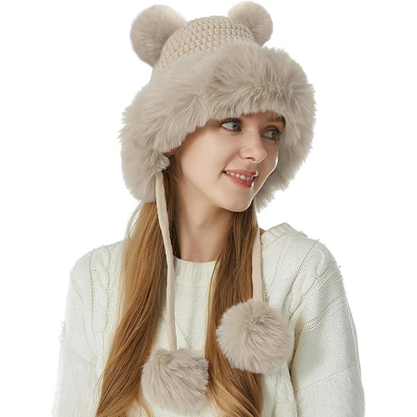 Naisten talvimyssy kaksoispomsupomponilla, söpö venäläinen myssy, keinotekoinen turkis, trendikäs ulkoilulle, hiihtämiseen, BEIGE Beige