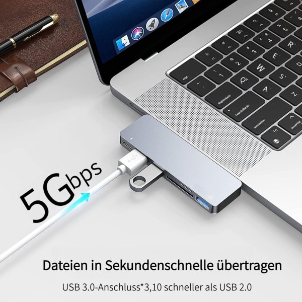 USB-C Hub-adapter for MacBook Pro/Air 13\" 15\" 2022 2021 2020, RayCue 6-i-1 USB-C-tilbehør med 3 USB 3.0-porter, TF/SD-kortleser, USB-C-strøm