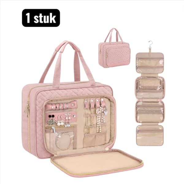 Multifunksjonell reise-toalettmappe med smykkerom, stor størrelse, rosa