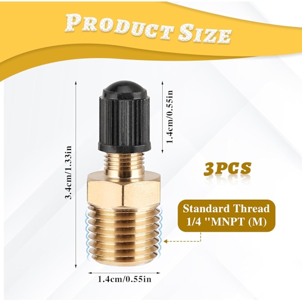3 kpl Schrader-venttiiliadapteria, messinki-ilmapumppukäärmeliitäntä, 1/4 NPT (M) -pumppiventtiiliadapteri ilmakompressorisäiliölle