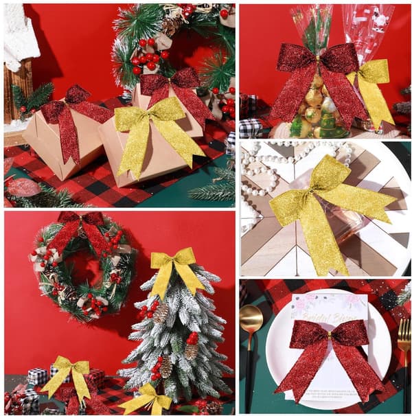 5 cm røde glitrende sløyfer, 30-pakning, blomsterkrans gavepynt, rød og gull
