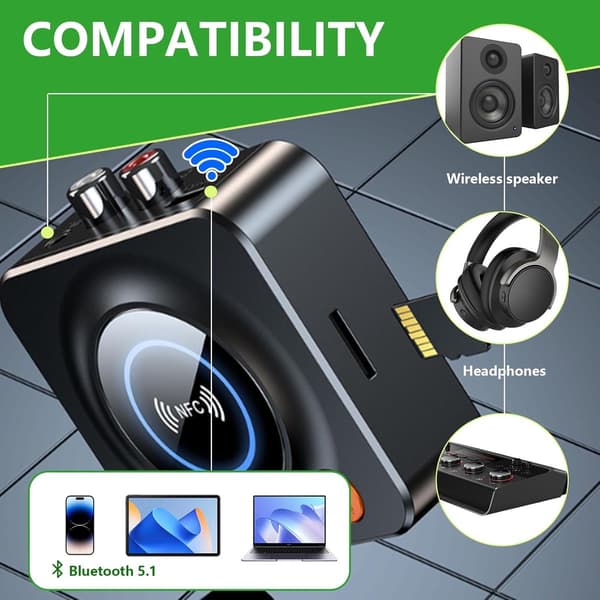 Bluetooth 5.3 lydmottaker, RCA + 3,5 mm, stereo hjemmekinohøyttaler.