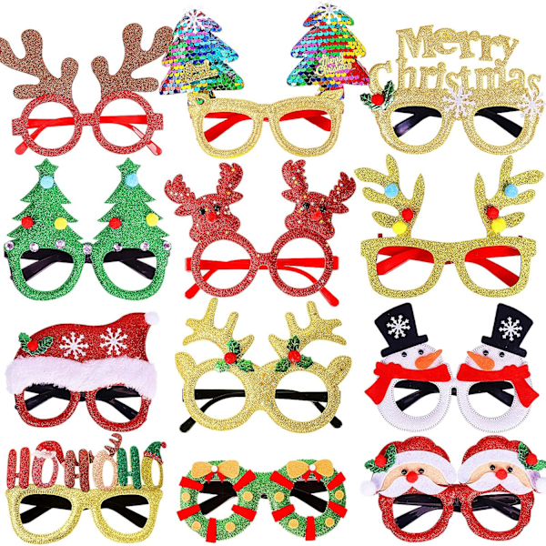 12Pcs Christmas Glitter Holiday Party Glasses Frames, Costume Eyeglasses for Christmas Parties, Holiday Favors, One Size Fits All