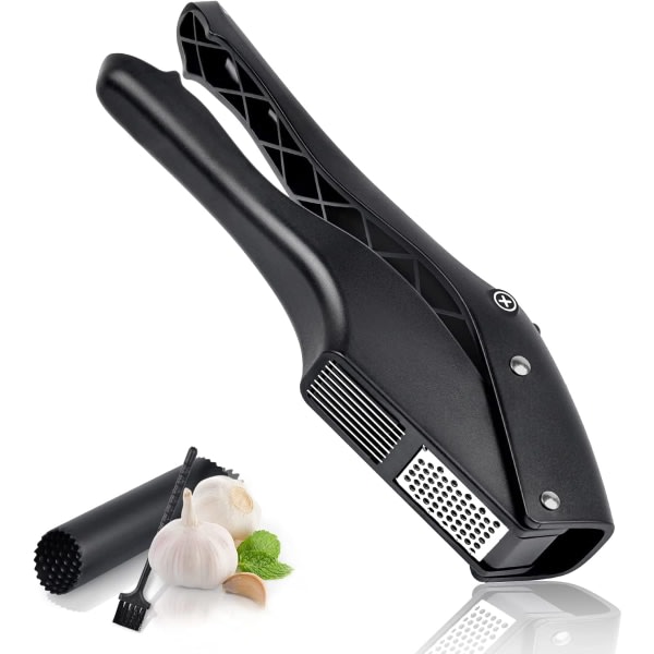 2-in-1 Garlic Press, Slicer and Chopper with Cleaning Brush and Silicone, Garlic Peeler, Easy to Press and Clean, Dishwasher Safe, Black