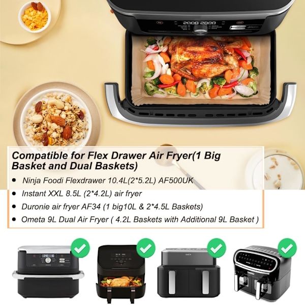 Bakplåtspapper för Ninja Air Fryer 10,4L, 150 st Air Fryer tillbehör för Ninja 10,4L AF500EU AF500EUCP, Papper för Ninja Foodi Flex 10,4l