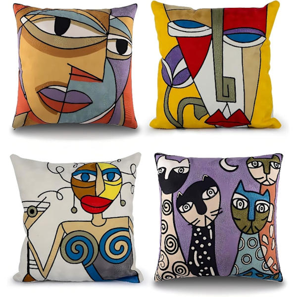 4 kpl Picasso-tyynynpäälliset 45x45cm, Brodeerat pellavaa A