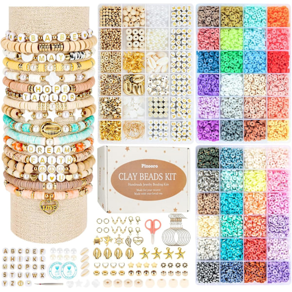 Leraperler 3-pakkssett for armbånd, 10500 perler for smykkeproduksjon, runde bokstavperler med anheng og elastiske snorer, vennskapsarmbånd
