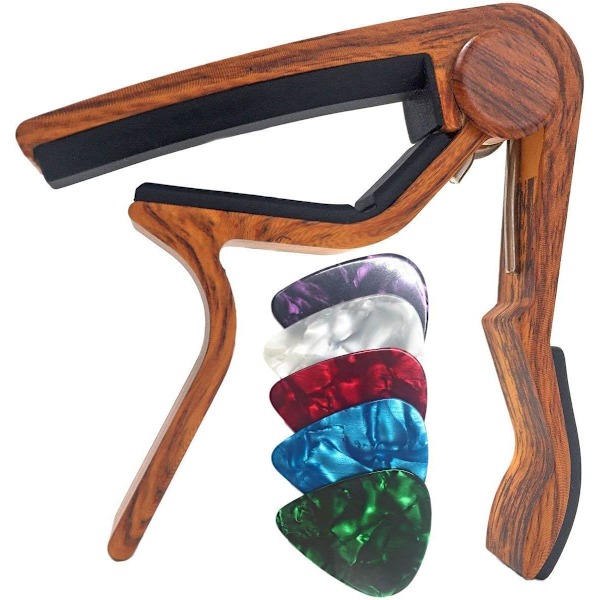 Gitar-Capo for akustiske og elektriske gitarer - Rosewood farge med 5 plektrum