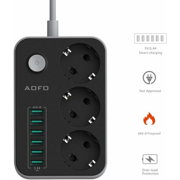 Monitoiminen pistorasia-adapteri 3 kytkettävällä osastolla ja 6 USB:llä (5V/3.4A, 17W), kytkettävällä lapsilukolla ja useilla pistorasioilla
