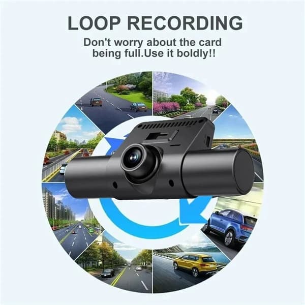 AutoDVR dashcam med 1080P nattsyn og parkeringsmonitor; 4 kameraer, førerside.