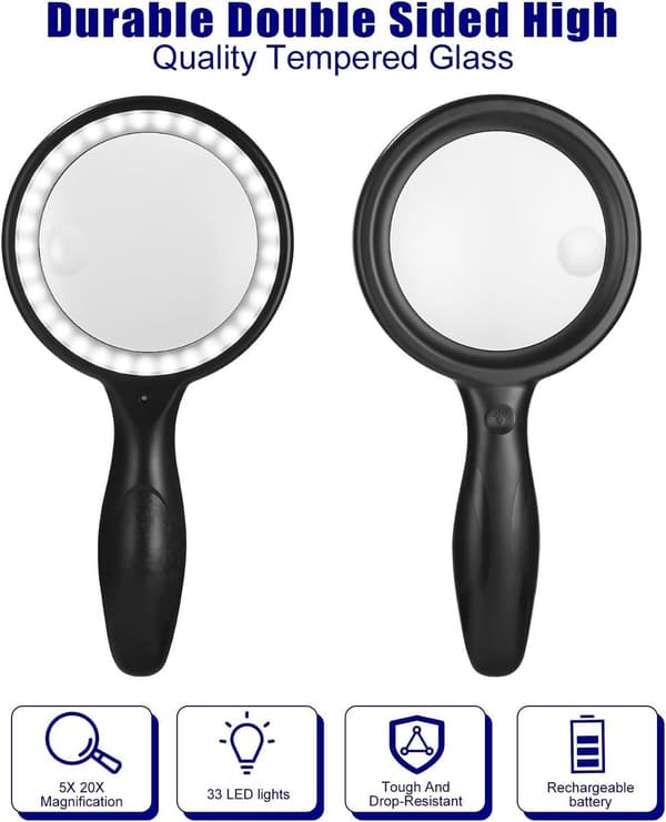 LED oppladbart forstørrelsesglass, 5x/10x, 33 lysdioder, 3 moduser, egnet for eldre som leser smykker.