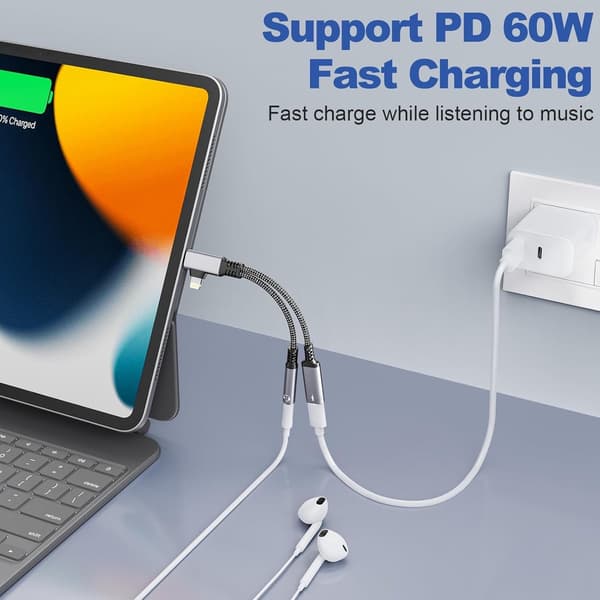 2-i-1 USB-C- og Lightning-til-3,5 mm hodetelefonadapter med ladeport, egnet for iPhone 15/14/13/12/11, Android, iPad, bærbar PC, MacBook