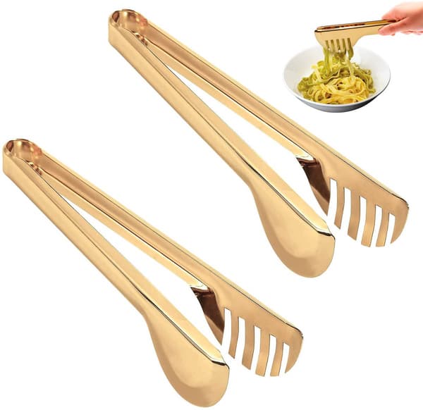 Flerfunksjonell grilltang i rustfritt stål, todelt sett, for matlaging, grilling, salat og servering, gull.