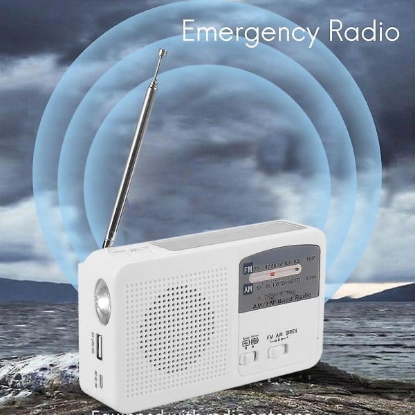 Nødradio med solcelle og håndsving, batteri/USB-opladning, FM/AM-radio med LED-lommelygte