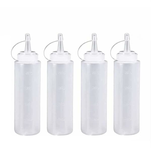 Klämflaskor, 200 ml, 4-delat set, läckagesäker pipkork, sås/smet garnering, vit.