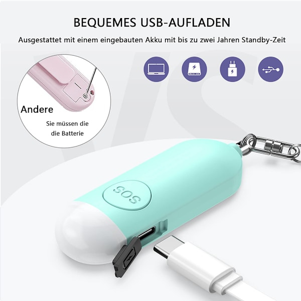 Fickalarm, Personligt Alarm med Strobe LED-Blixtsignal, 130dB Siren Hög Larm, USB Laddningsbar Alarmnyckelring, Hög Larm för Kvinnor