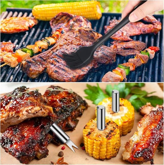16-delt BBQ Bestiksæt - Grilltilbehør i rustfrit stål - Spatel, tang, spyd, børste - Sølv