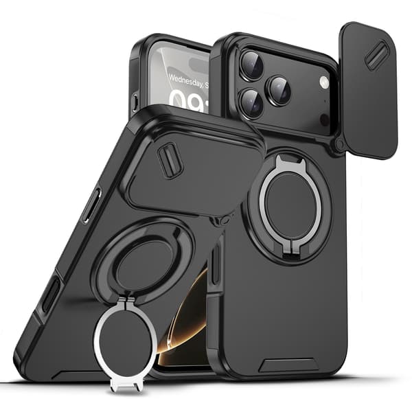 iPhone 17 Pro Max -puhelinkotelo puhelintelineellä ja linssinsuojalla, musta.