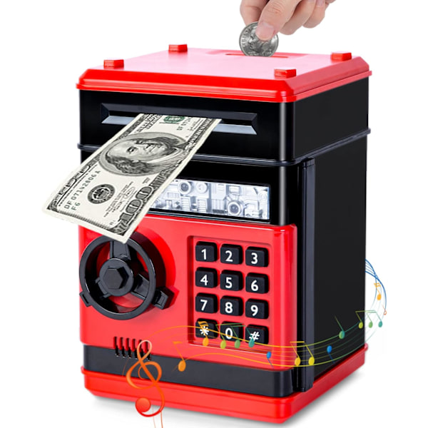 Kids Electronic Piggy Bank with Lock, Auto Scroll ATM Machine, Fun Safe Toy for Boys & Girls Ages 3-12, Ideal Birthday & Christmas Gift (Red)